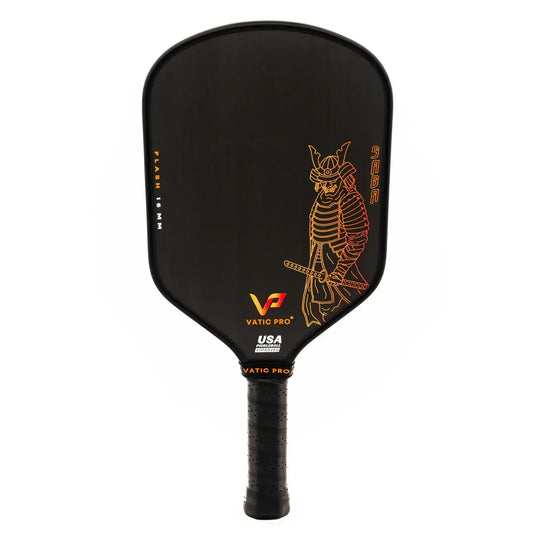 Vatic Pro Saga Flash 16MM paddle with standard handle featuring a samurai design and carbon fiber surface.