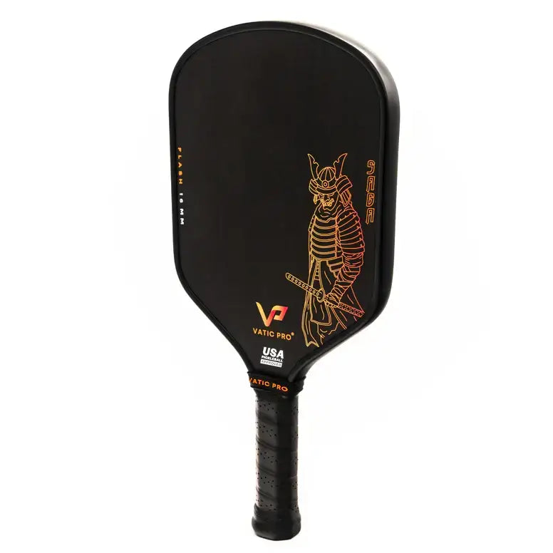 VATIC PRO SAGA FLASH 16MM paddle with a Toray carbon fiber surface and ergonomic handle for power and durability.