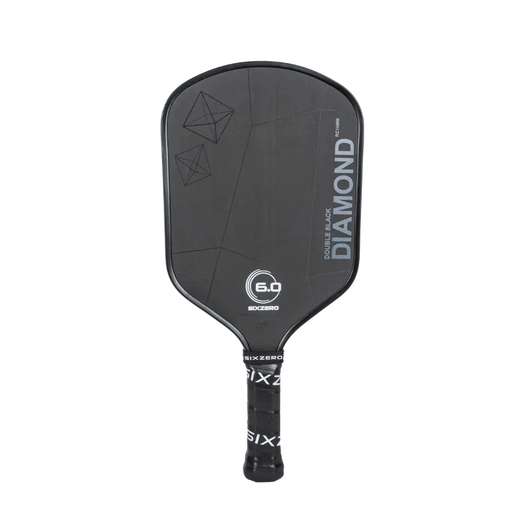 Six Zero Double Black Diamond Control paddle showcasing Raw Carbon technology and sleek design for precision and power on the court.