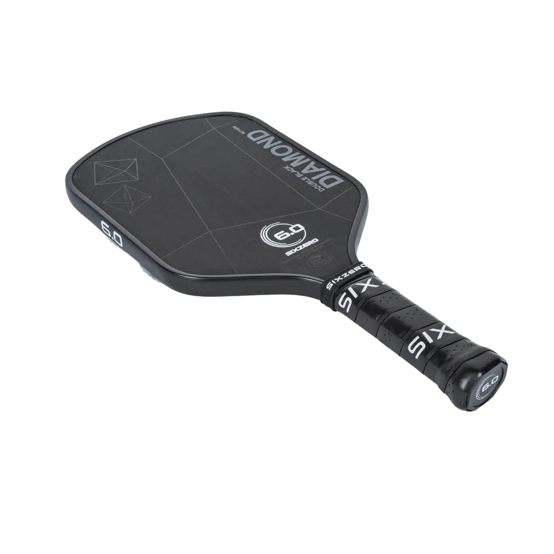 Six Zero Double Black Diamond Control paddle for precision and control in pickleball, featuring revolutionary Raw Carbon Technology.