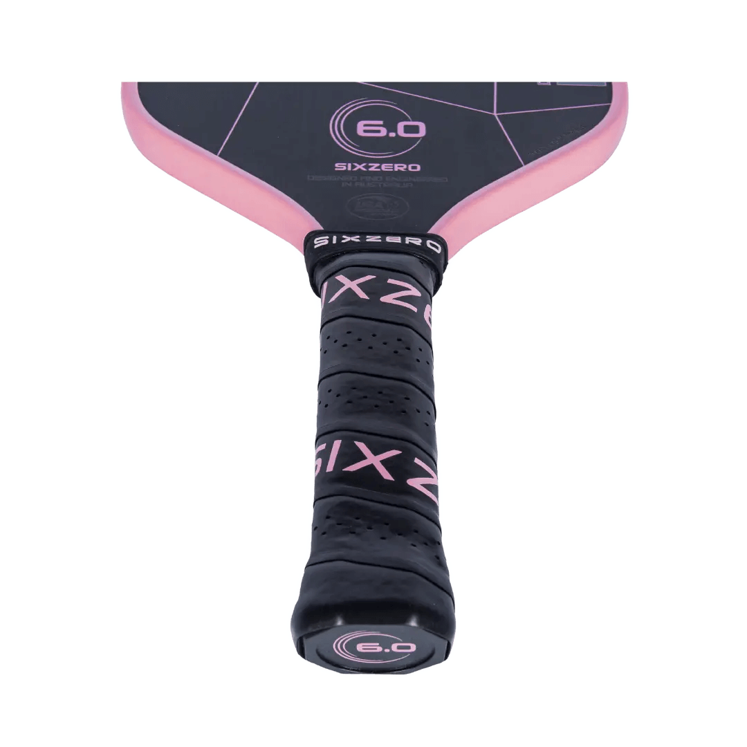 Six Zero Double Black Diamond Control pickleball paddle with pink accents and Raw Carbon Technology