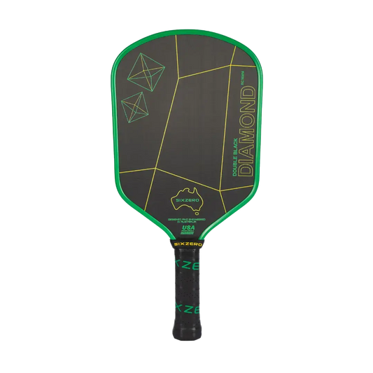 Six Zero Double Black Diamond pickleball paddle in green and gold, designed for precision and control.