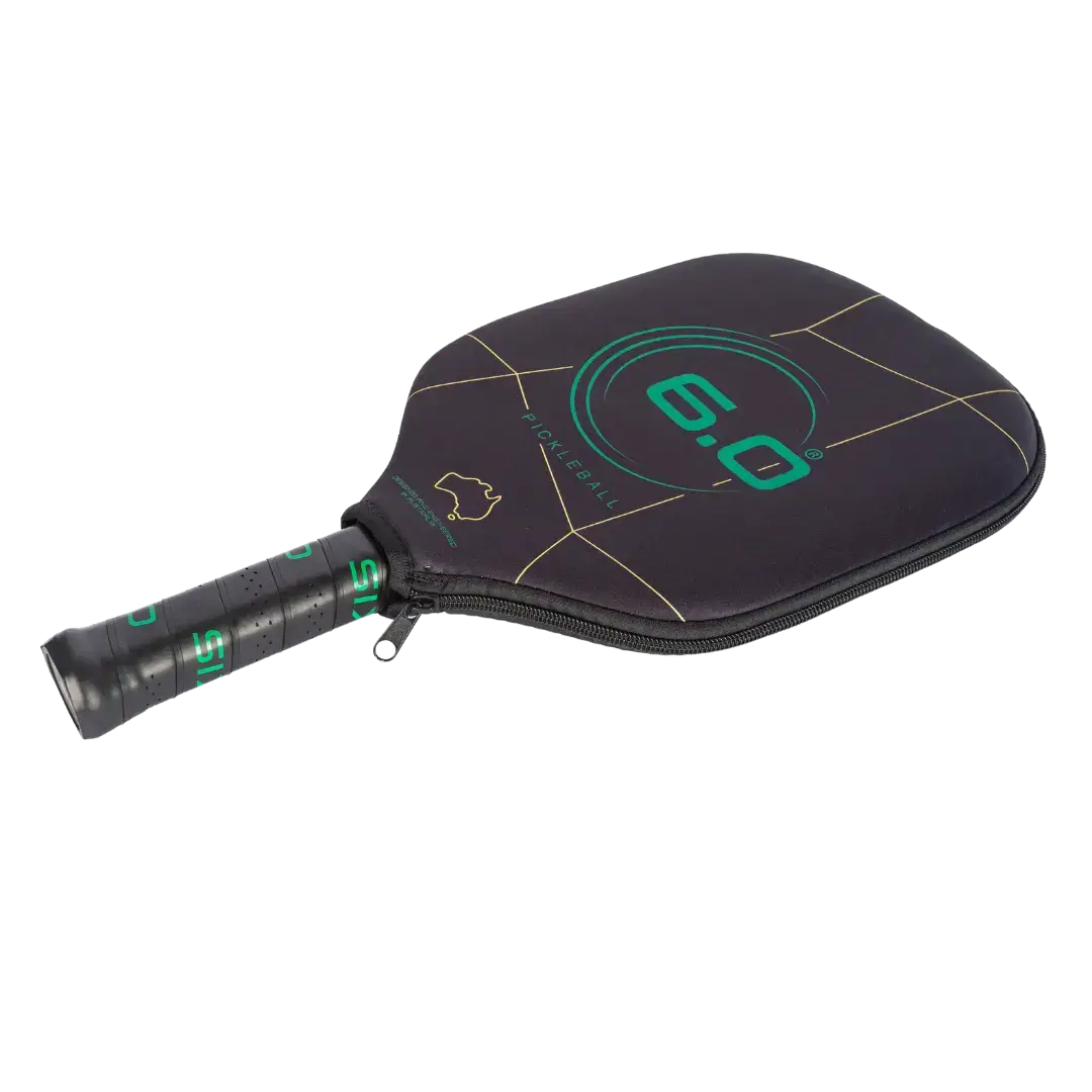 Six Zero Double Black Diamond pickleball paddle in black with green accents and a protective cover.