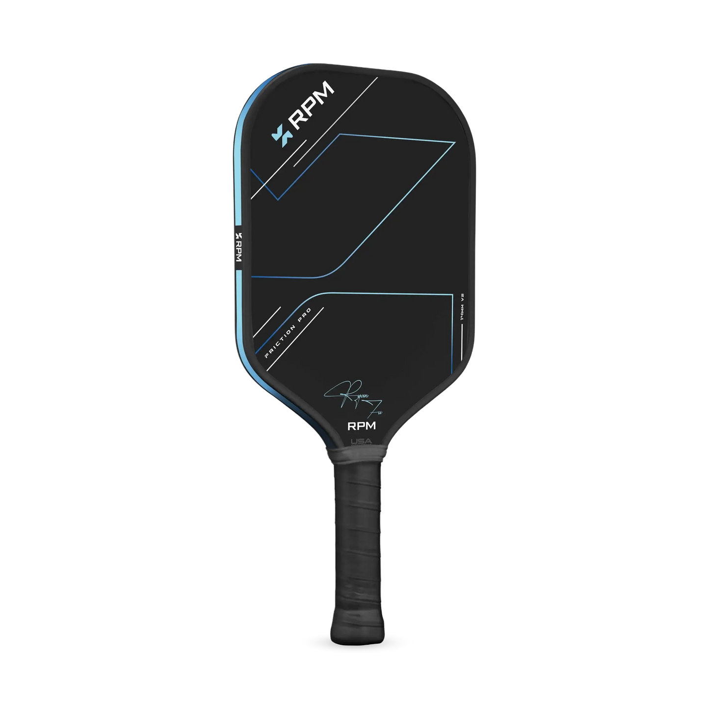 RPM Friction Pro 14MM Elongated V2 Ryan Fu Signature pickleball paddle design with blue and black accents.