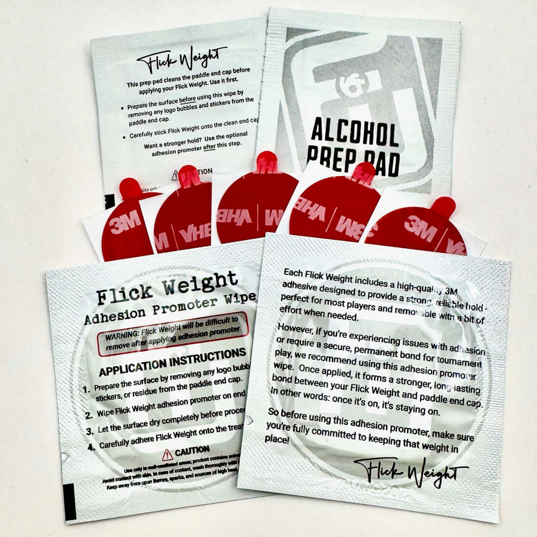 FLICK WEIGHT Re-Stick Pack including Adhesion Promoter Wipes and Alcohol Prep Pads for optimal stickiness.