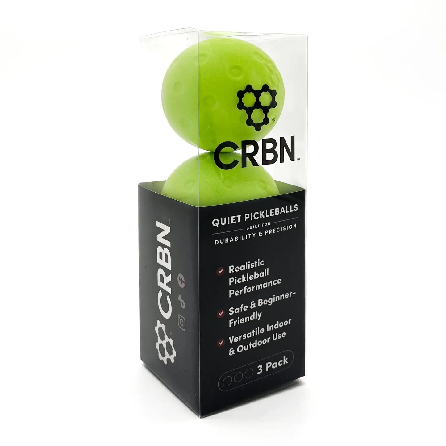 CRBN Quiet Pickleballs in packaging, designed for silent training and precision performance, ideal for indoor and outdoor use.