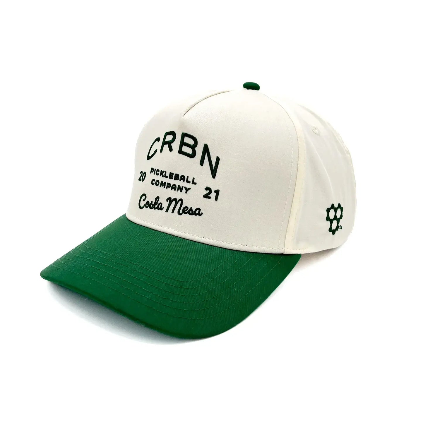 CRBN Heritage Snapback hat in cream and green, celebrating classic style and craftsmanship for pickleball enthusiasts.