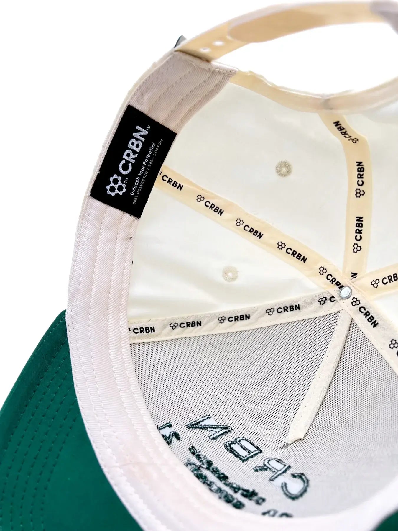 Inside view of CRBN Heritage Snapback showing label and interior stitching details.