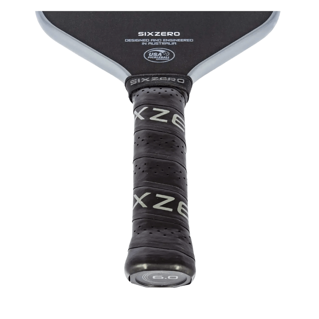 Six Zero Infinity Edgeless Black Diamond Power pickleball paddle handle close-up