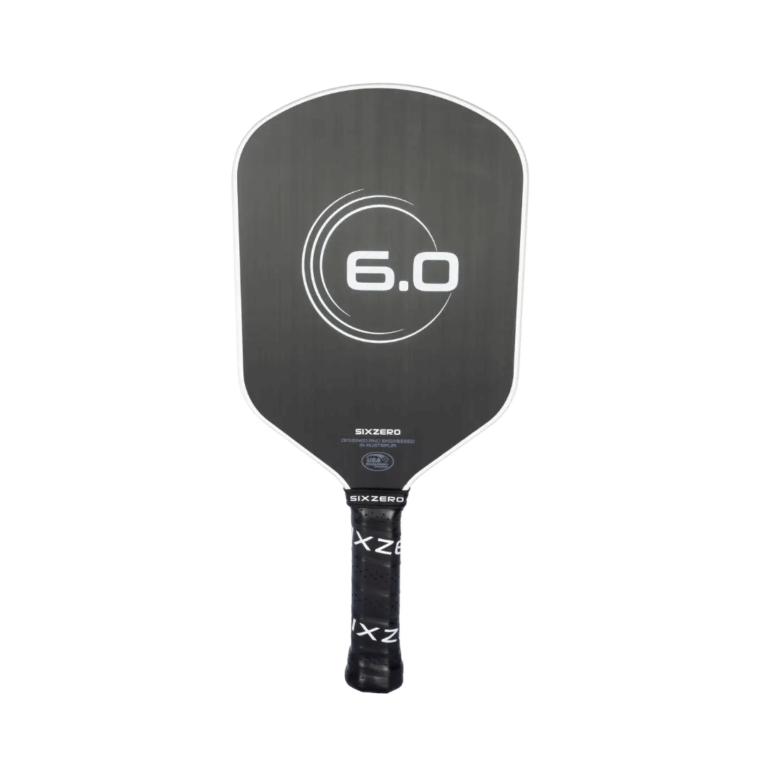 Six Zero Infinity Edgeless Double Black Diamond Control pickleball paddle featuring patent-pending edge technology.