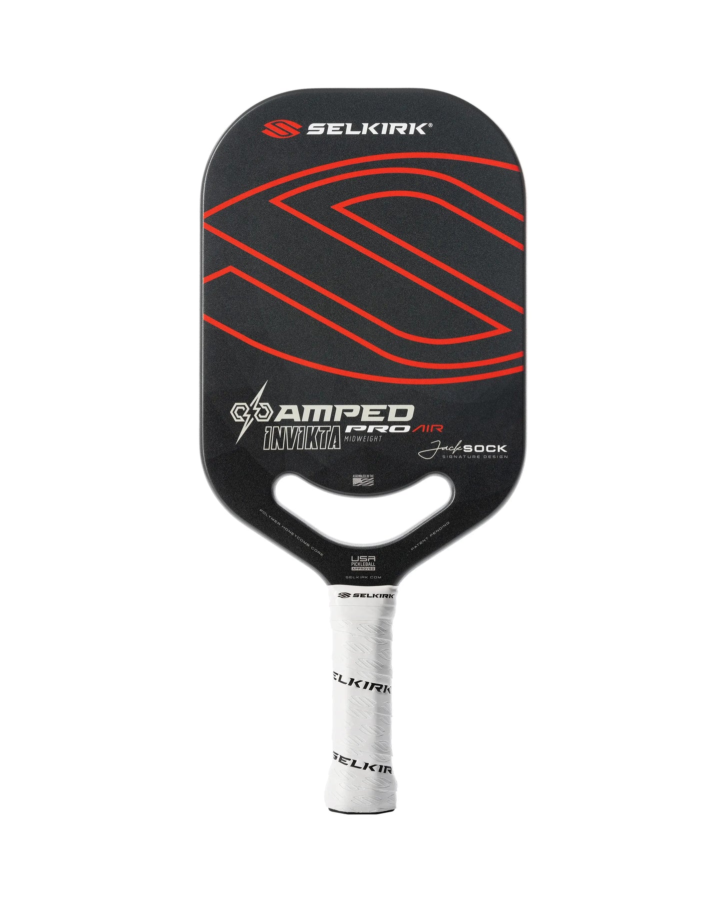 Selkirk AMPED Pro Air Invikta pickleball paddle featuring a sleek black and red design for power and control.