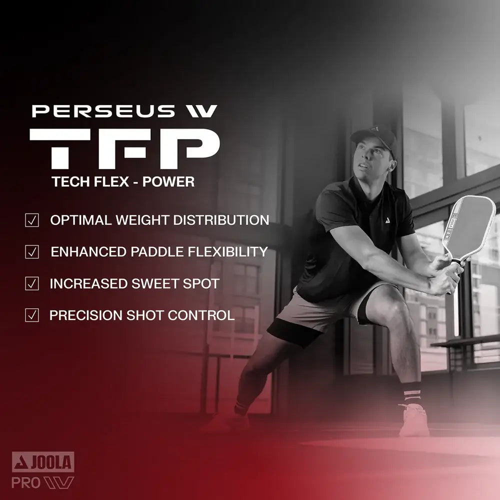 Man demonstrating JOOLA Perseus Pro IV paddle features: Tech Flex Power, optimal weight, flexibility, sweet spot, and shot control.