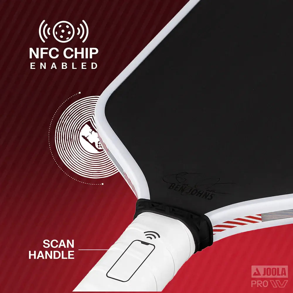 Close-up of JOOLA Perseus Pro IV paddle showcasing NFC chip technology and ergonomic scan handle.