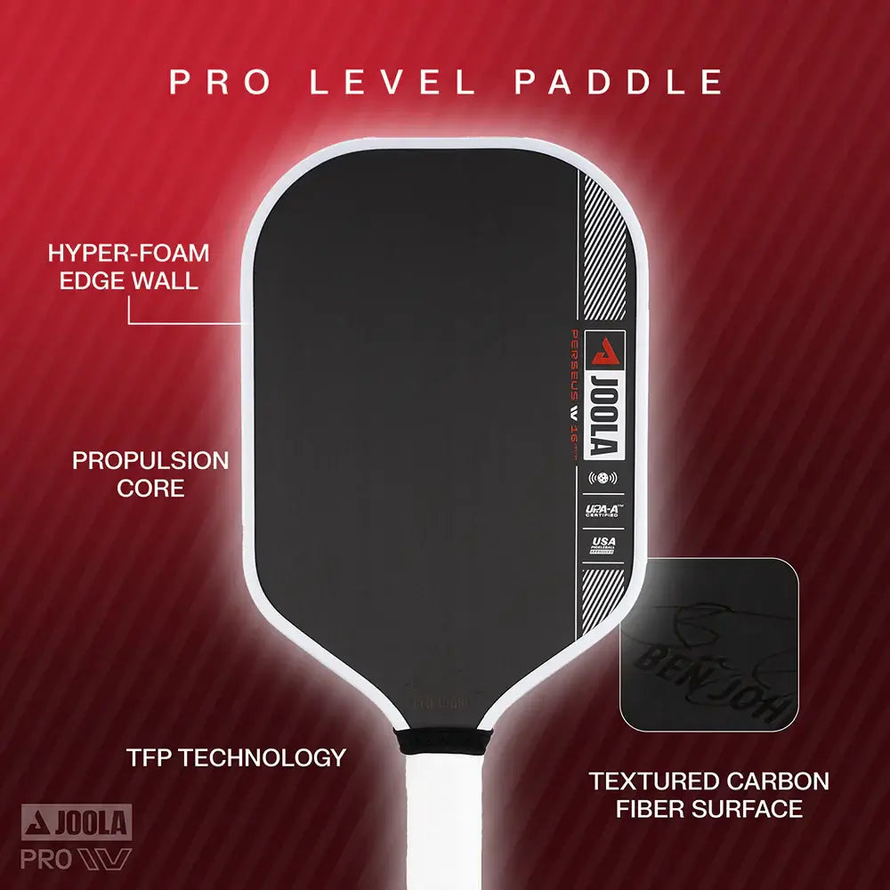 JOOLA Ben Johns Perseus Pro IV 16MM pickleball paddle features TFP technology, hyper-foam edge wall, and textured carbon fiber surface.
