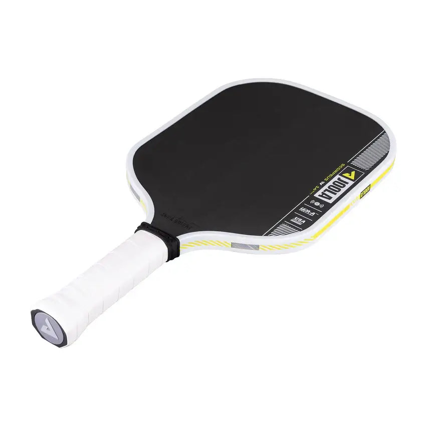 JOOLA Anna Bright Scorpeus Pro IV 14mm pickleball paddle with a sleek black surface and white grip.