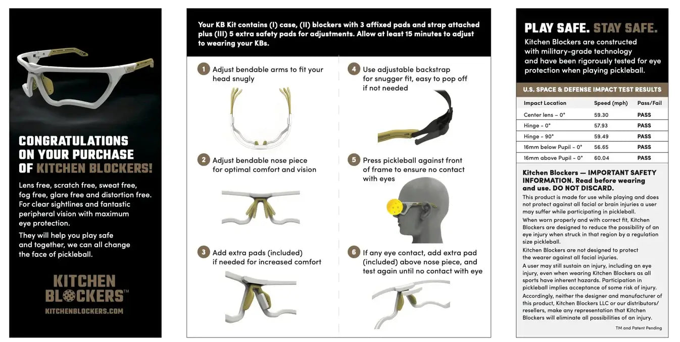 Instruction guide for Kitchen Blockers™ eyewear with safety tips and adjustment options for best fit and protection.
