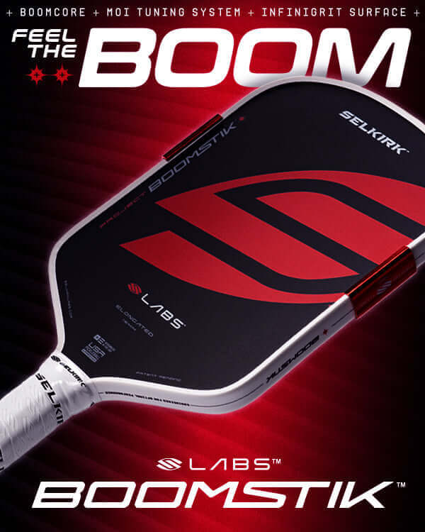 Selkirk LABS Project Boomstik Pickleball Paddle close-up, showcasing elongated shape and advanced features.