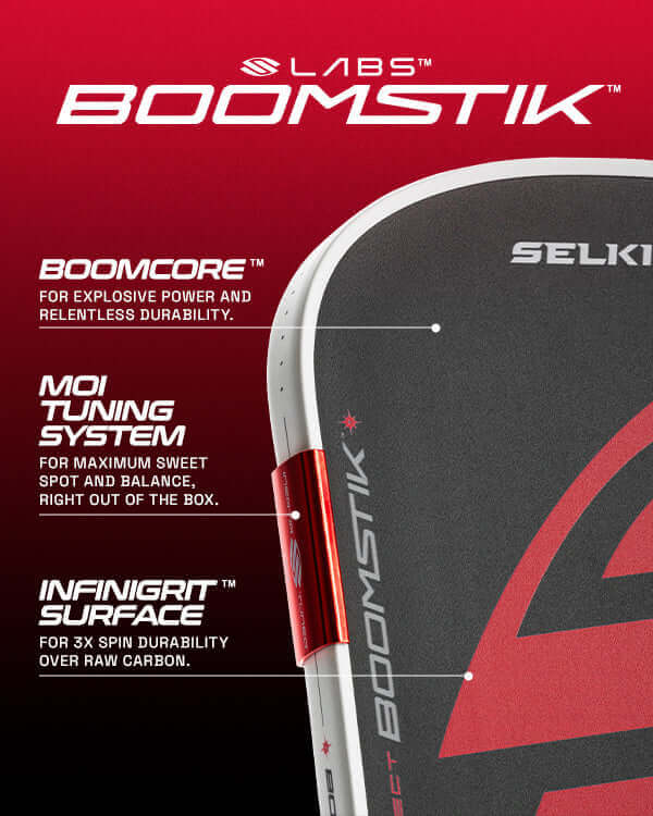 Selkirk LABS Boomstik paddle features, including Boomcore, MOI Tuning, and Infinigrit surface for enhanced performance.
