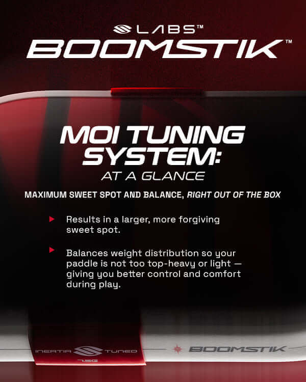 Selkirk LABS Boomstik Paddle MOI Tuning System overview, highlighting sweet spot and weight distribution benefits.