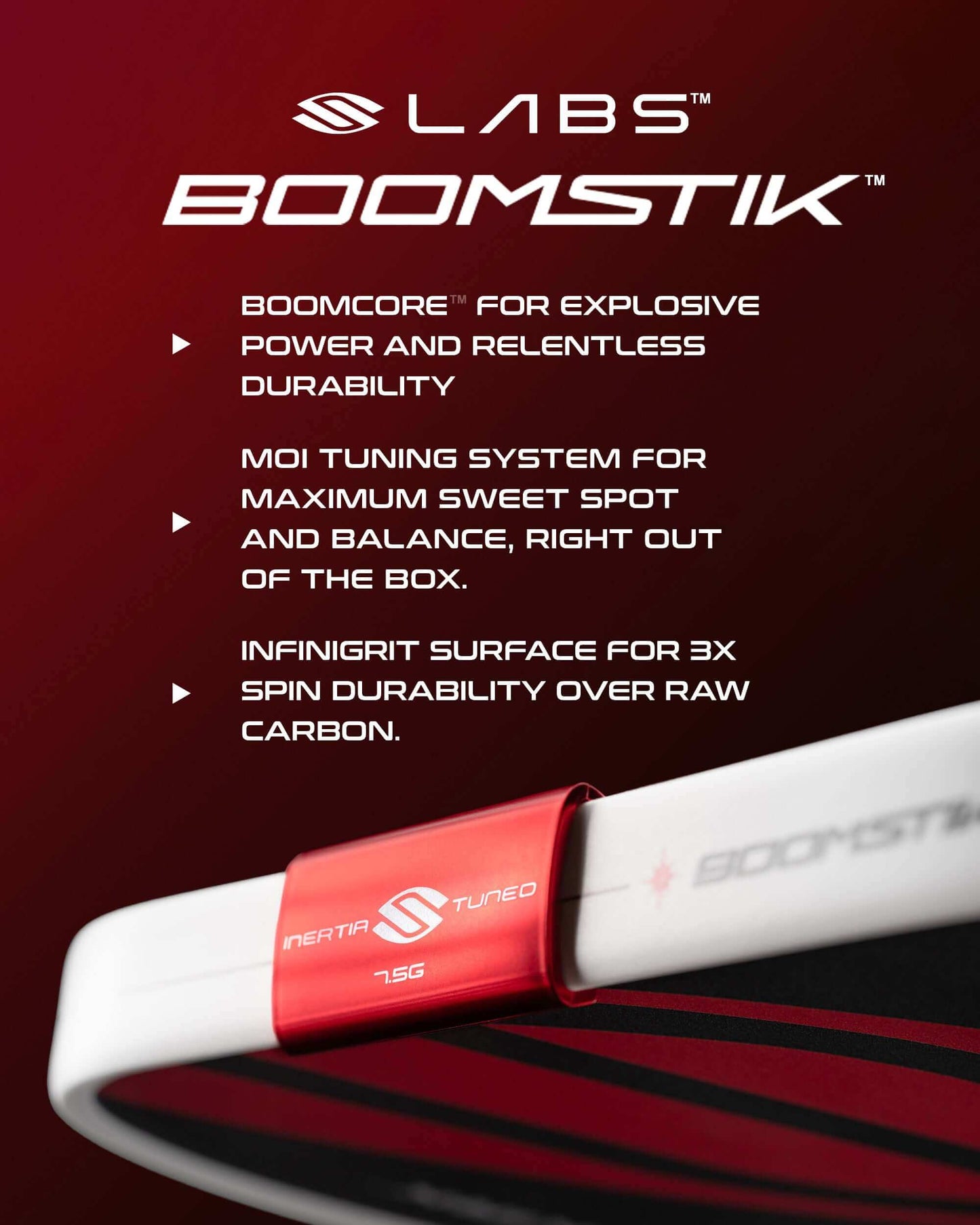 Selkirk LABS Boomstik Pickleball Paddle features Boomcore for power and durability, MOI tuning for balance, and Infinigrit surface.