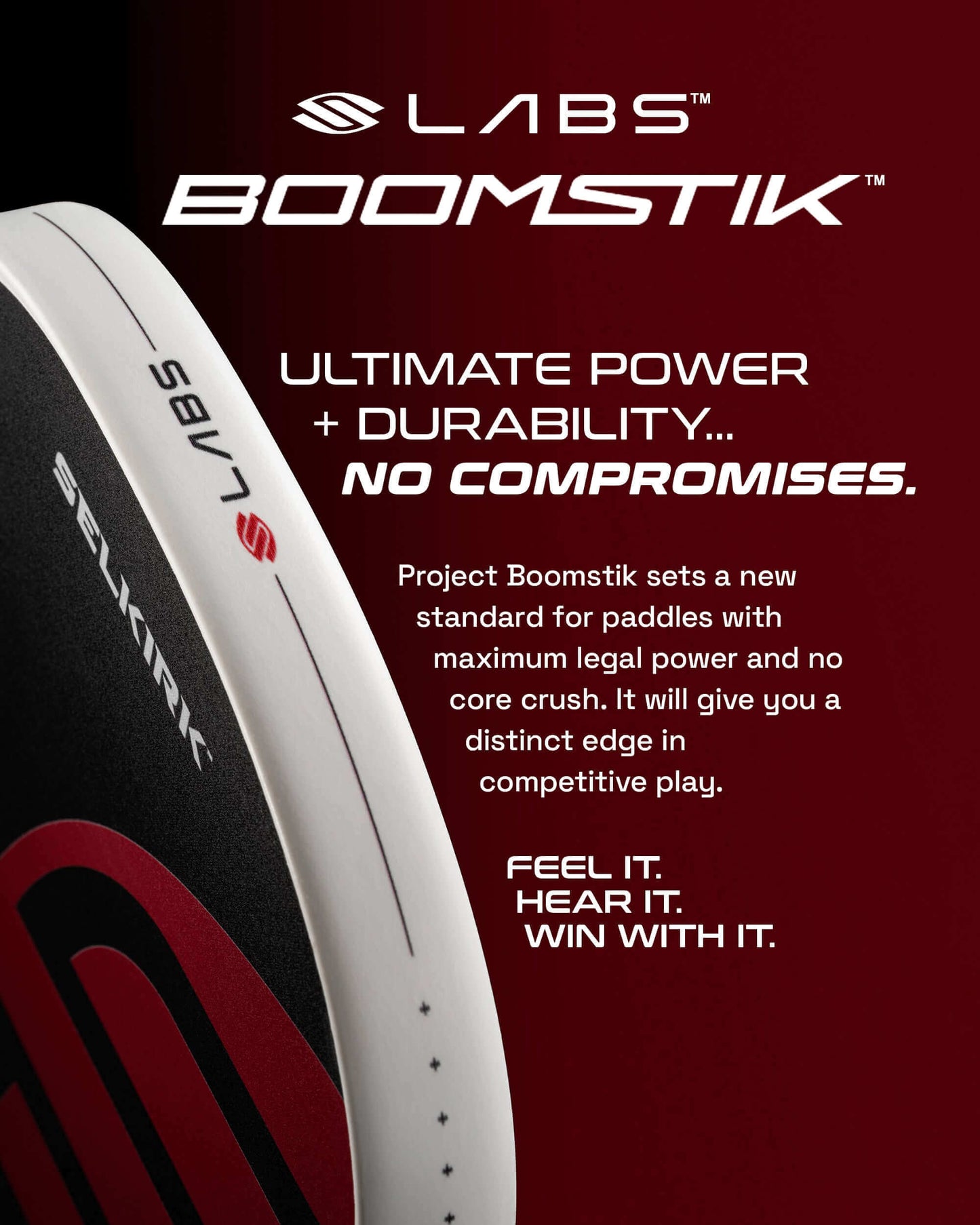 Selkirk LABS Project Boomstik Pickleball Paddle with tagline on ultimate power and durability.