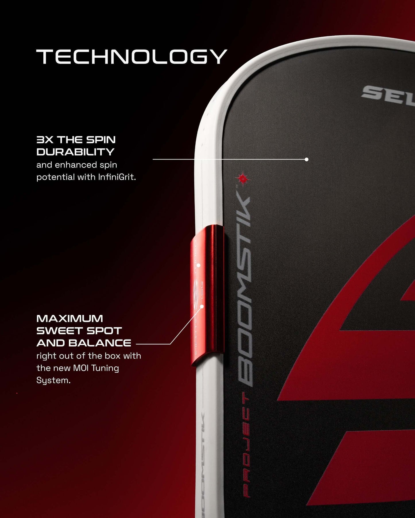 Close-up of Selkirk LABS Project Boomstik Pickleball Paddle's tech highlighting spin durability and balance.