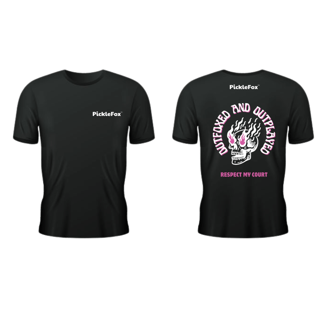 Picklefox Outfoxed and Outplayed Performance Tee, black, front and back view, featuring bold graphic design.