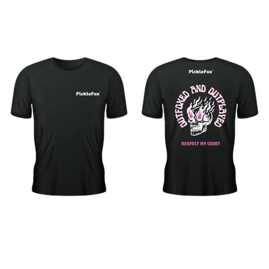 Picklefox Outfoxed and Outplayed Performance Tee, black, front and back view, featuring bold graphic design.
