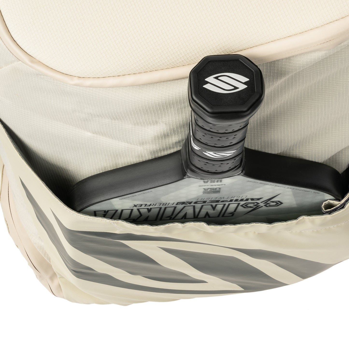 Selkirk Pro Line Team Bag Pickleball Backpack with paddle stored in front pocket.