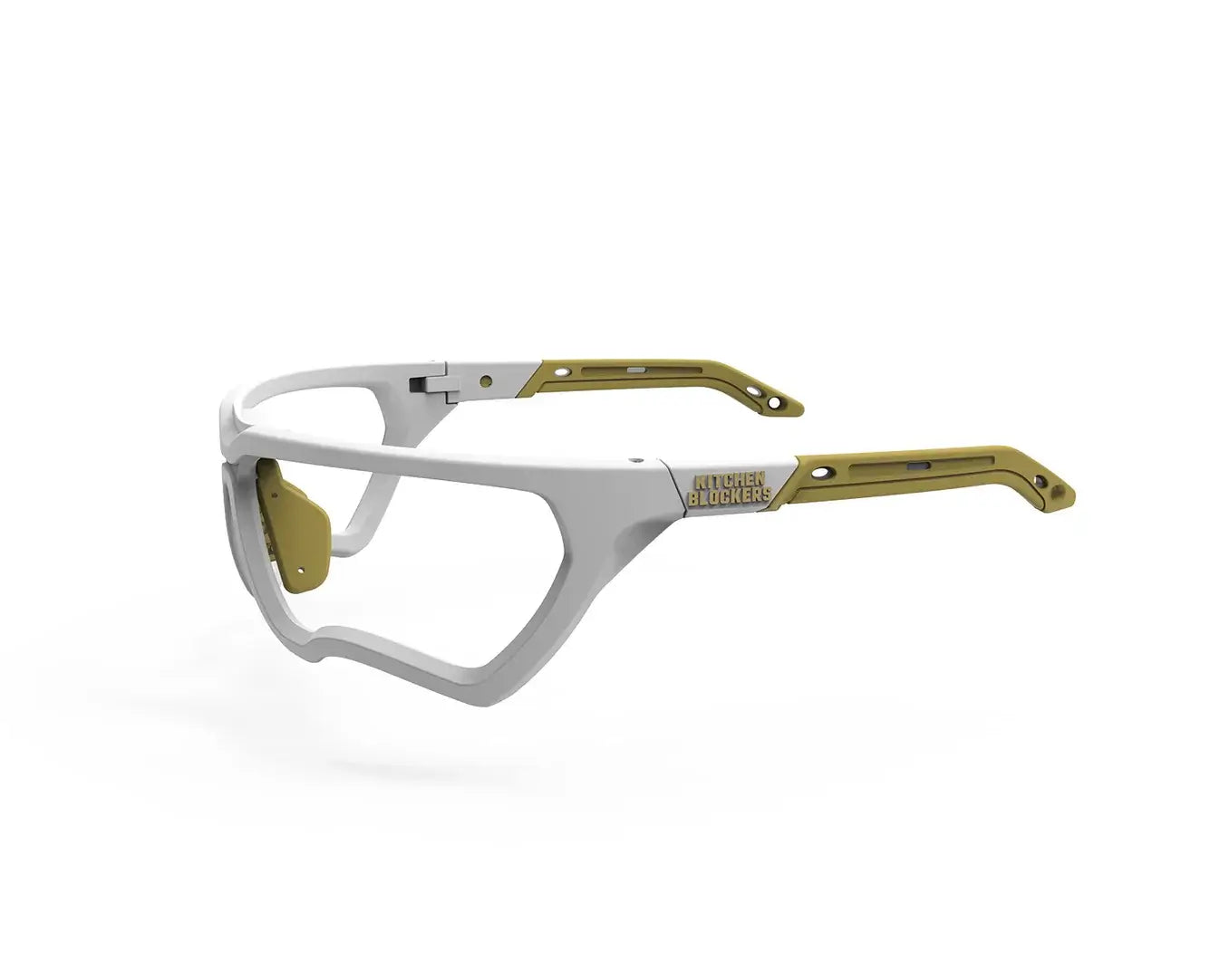 Kitchen Blockers™ protective eyewear designed for athletes, featuring a sleek white and gold design, fog-free and scratch-resistant.