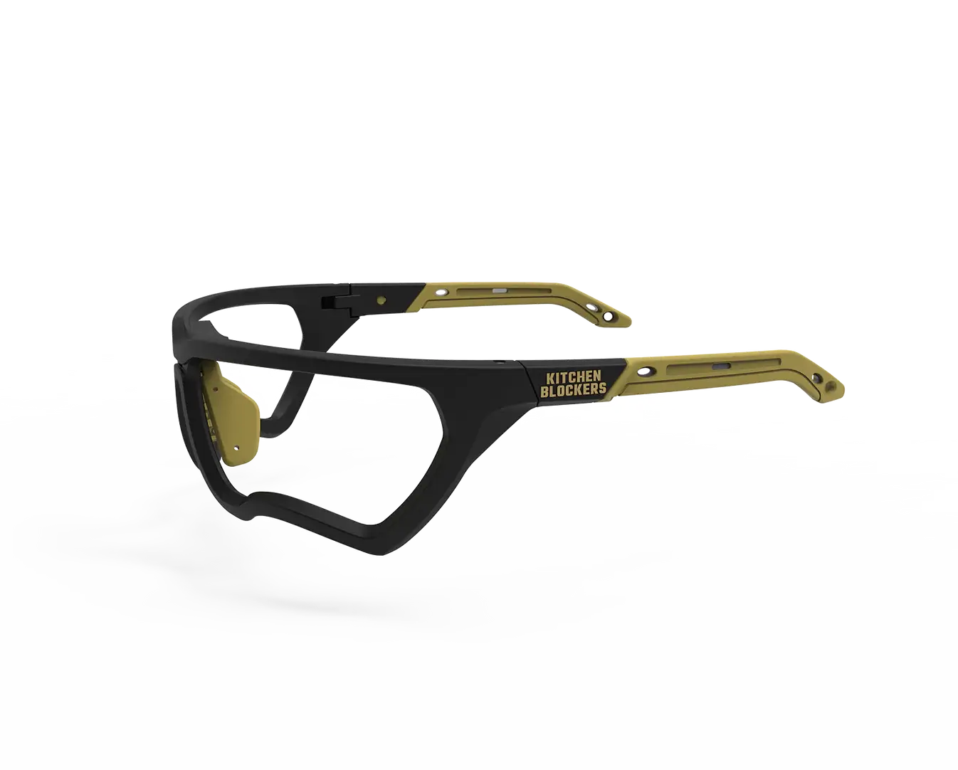 Kitchen Blockers™ protective eyewear in black and gold color, designed for Pickleball players to prevent eye injuries.