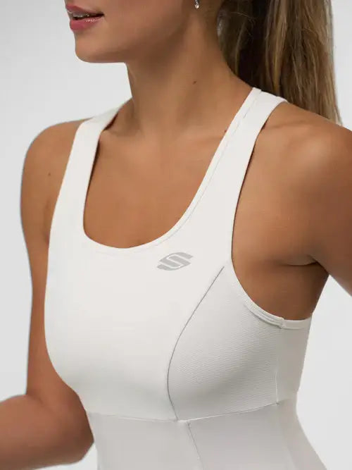 Close-up of Selkirk Sport Women's Pro Line Pickleball Dress in white, highlighting its athletic design and logo.