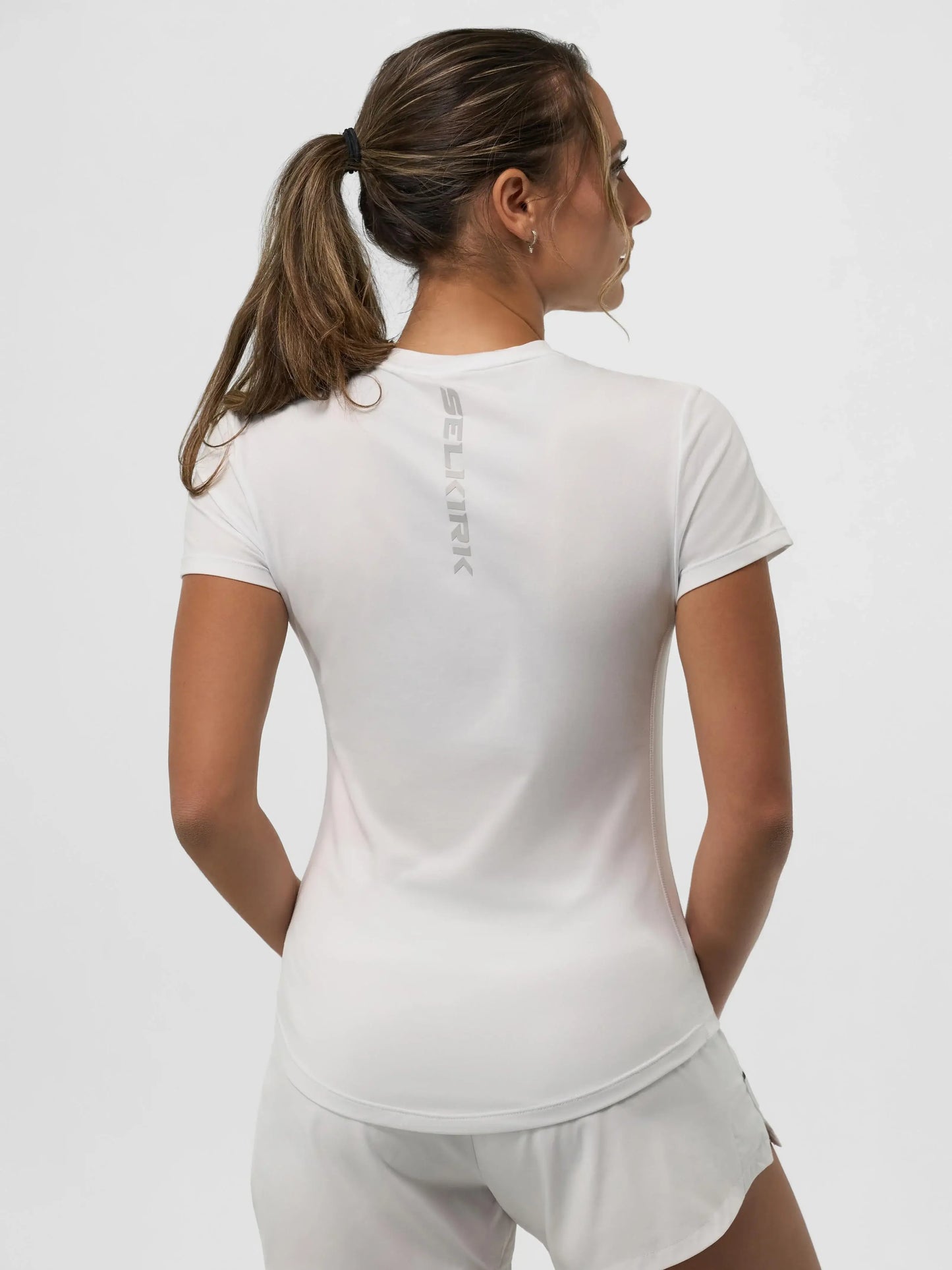 Selkirk Sport Women's Pro Line Short Sleeve Training Tee, white, showcasing a flattering fit and lightweight design.