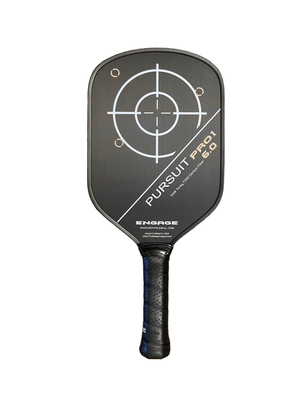 Engage Pursuit PRO1 6.0 Power Series paddle with raw Toray T700 carbon fiber technology and crosshair design on face.