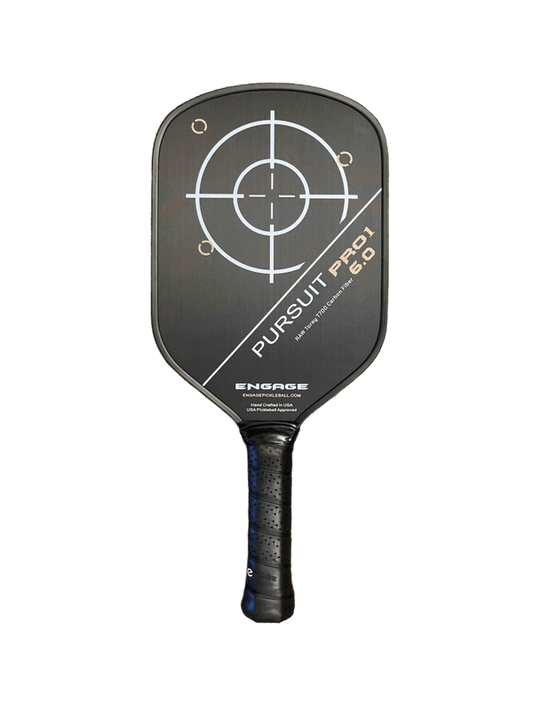 Engage Pursuit PRO1 6.0 Power Series paddle with raw Toray T700 carbon fiber technology and crosshair design on face.