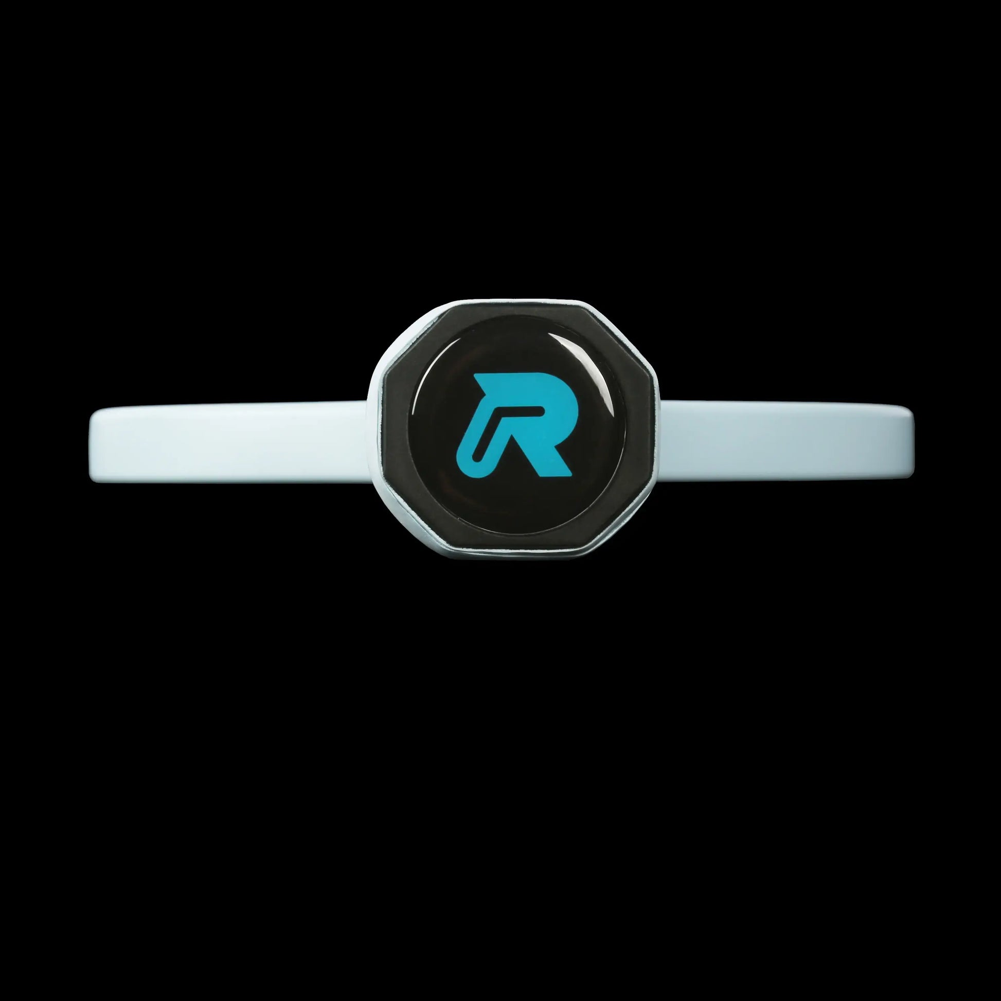 Ronbus logo on a sleek white paddle strap, showcasing modern design and branding.