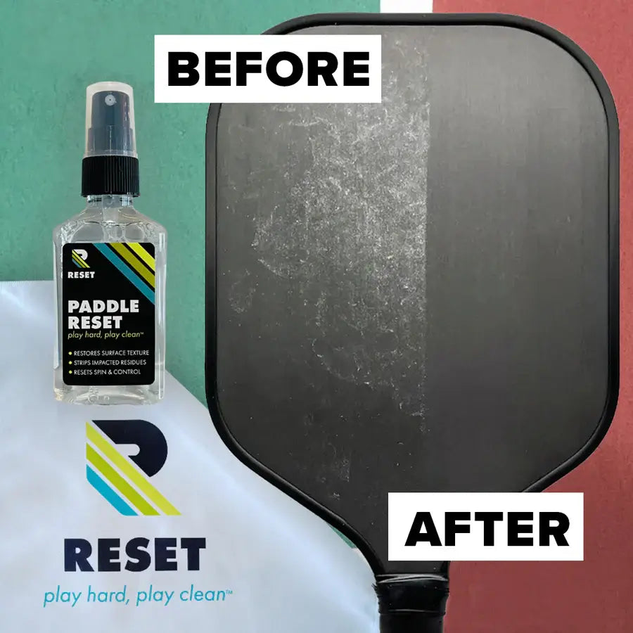 Paddle Reset bottle and paddle before and after cleaning, showcasing surface texture restoration for improved performance.