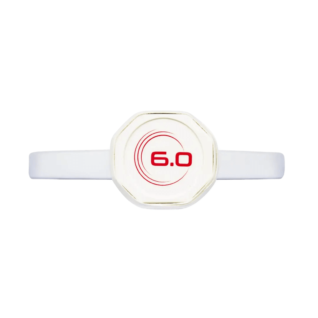 Six Zero Ruby Pickleball Paddle handle with 6.0 logo for exceptional control and unbeatable spin.