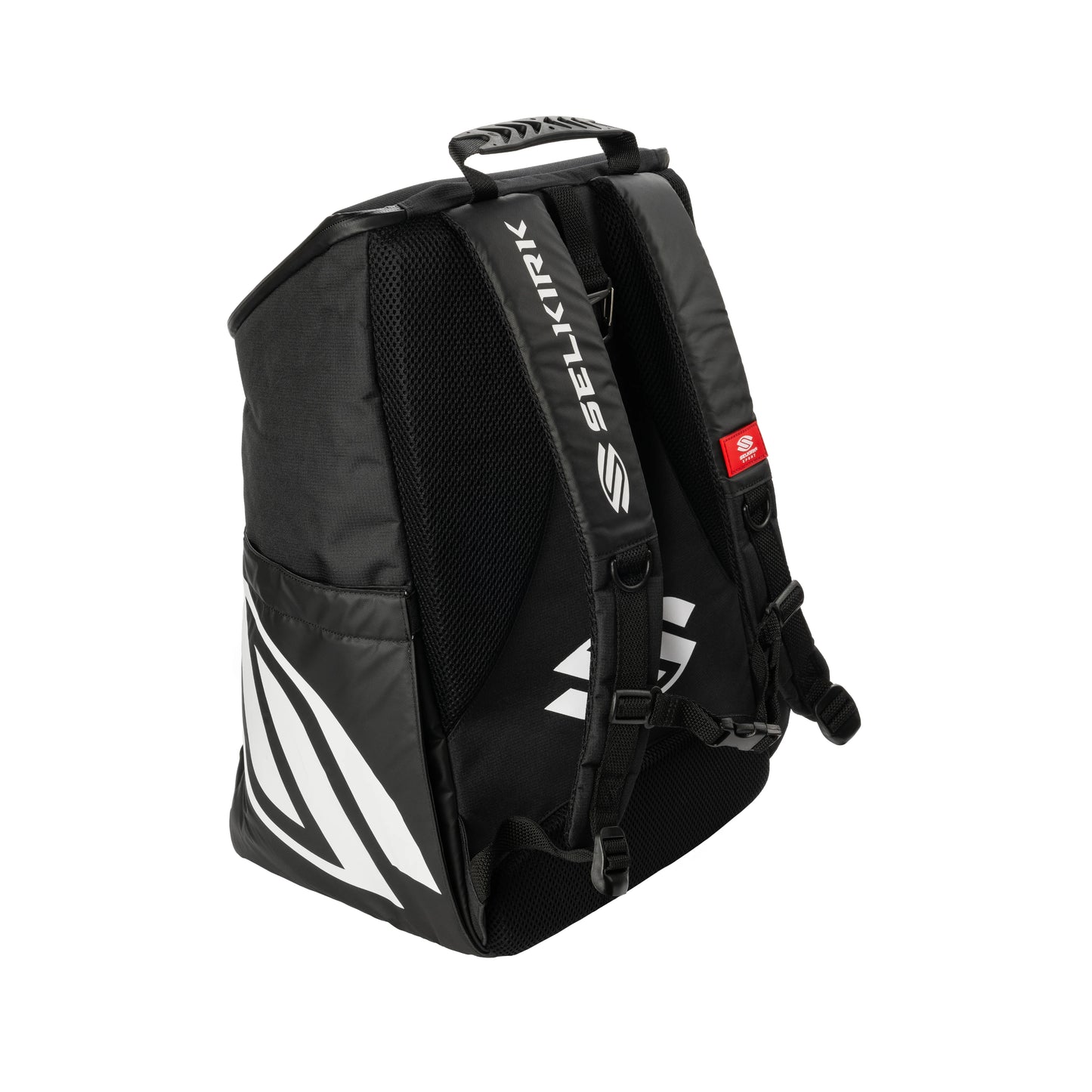 Selkirk Pro Line Team Bag Pickleball Backpack in black with white accents and padded straps for comfort.
