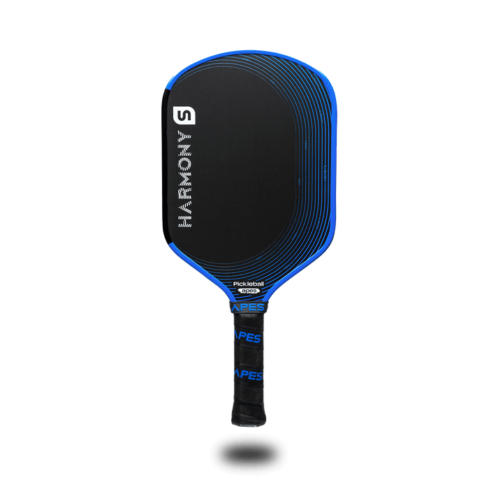 Harmony S pickleball paddle with blue accents, featuring a honeycomb core and leather grip for optimal performance.