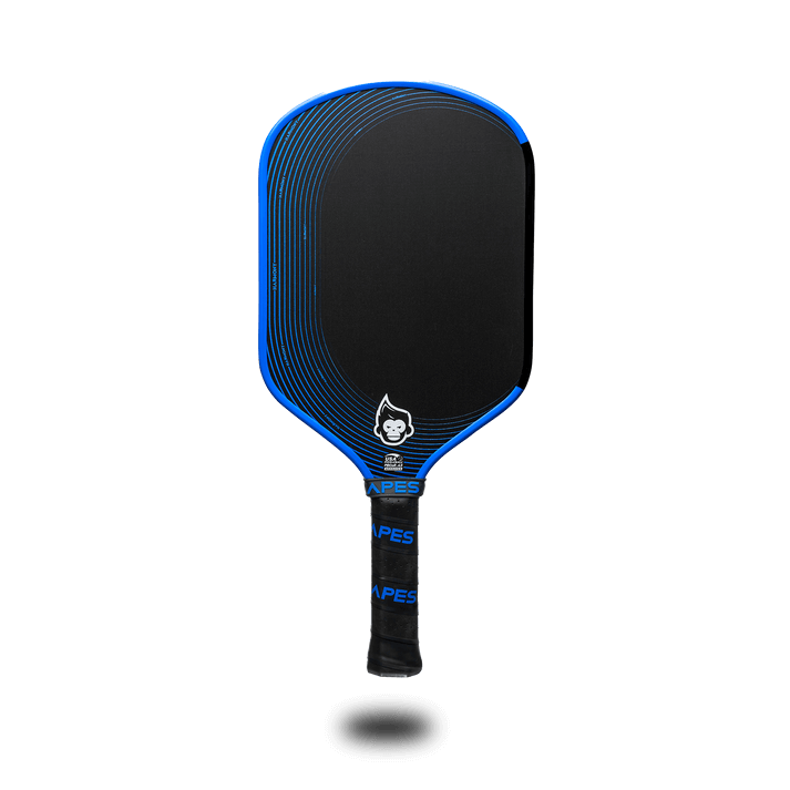 Pickleball Apes Harmony S paddle featuring a black surface and blue design, optimal for control and comfort.