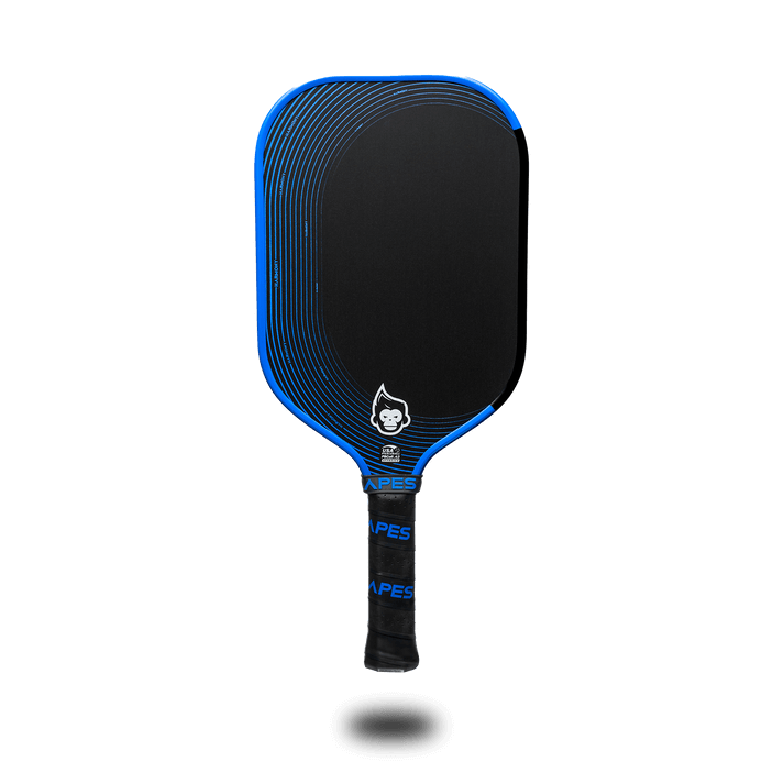 Pickleball Apes Harmony X paddle with blue accents, featuring a honeycomb poly core and premium leather grip.
