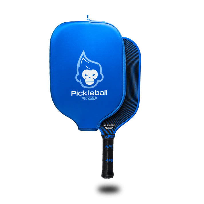Pickleball Apes Harmony S paddle featuring blue cover, ergonomic grip, and honeycomb core for control and comfort.