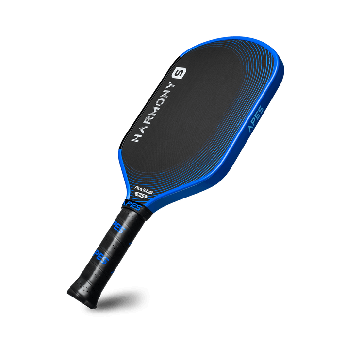 Pickleball Apes Harmony S paddle with a black surface and blue accents, designed for control and comfort.