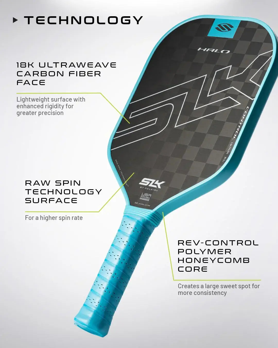 SLK HALO Control paddle featuring 18k UltraWeave carbon fiber, raw spin technology, and rev-control honeycomb core.
