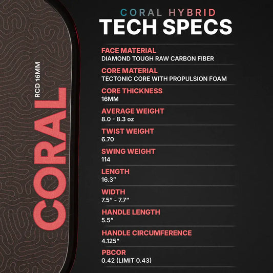 Six Zero Coral 16mm paddle tech specs including face material, core thickness, and weight details.