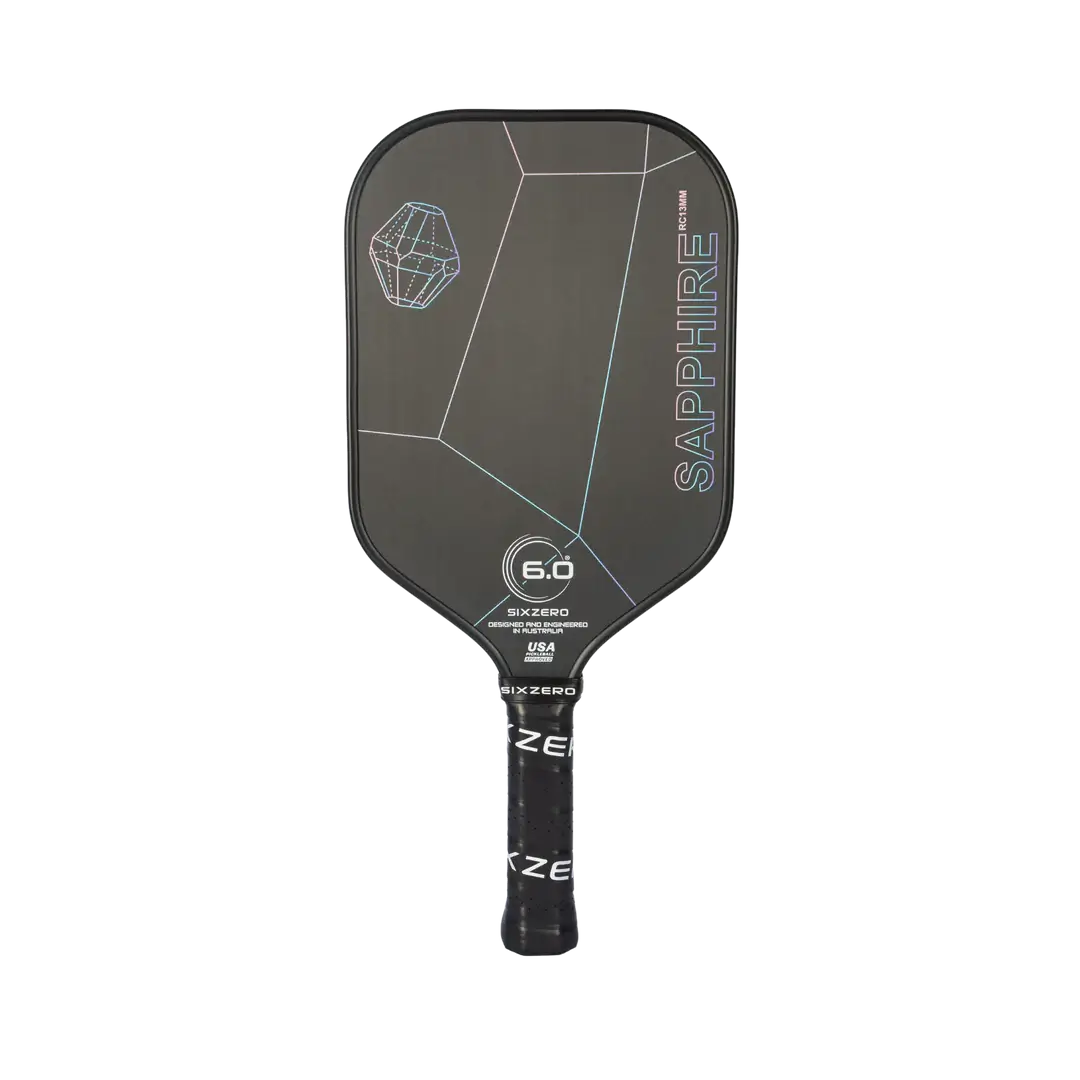 Six Zero Sapphire 2024 pickleball paddle featuring a sleek design, raw carbon face, and advanced thermomolding technology.