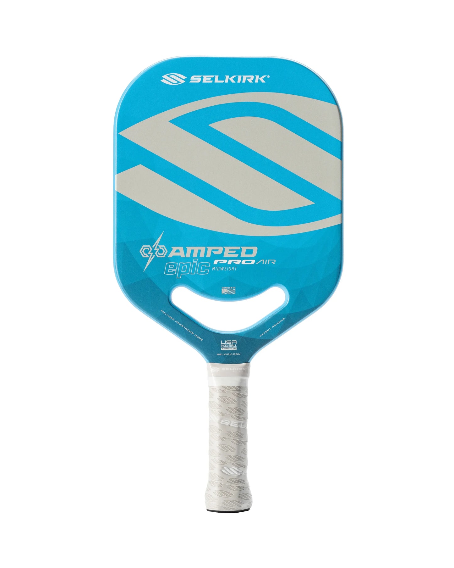 Selkirk AMPED Pro Air Epic pickleball paddle with sleek blue design for power and control on the court.