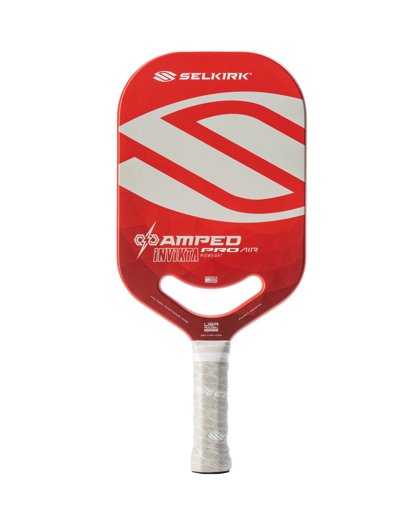 Selkirk AMPED Pro Air Invikta pickleball paddle with red design for balanced power and control on the court.