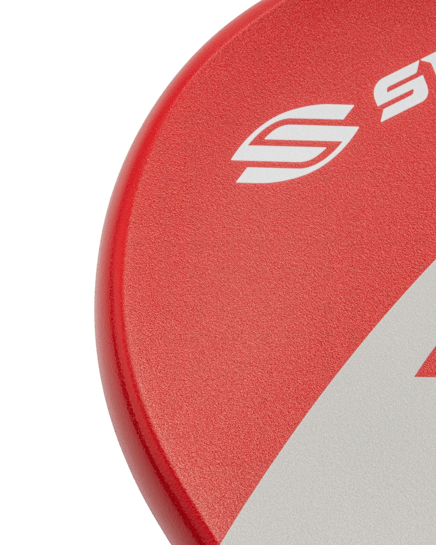 Close-up view of the red Selkirk AMPED Pro Air pickleball paddle, showcasing logo and surface texture.